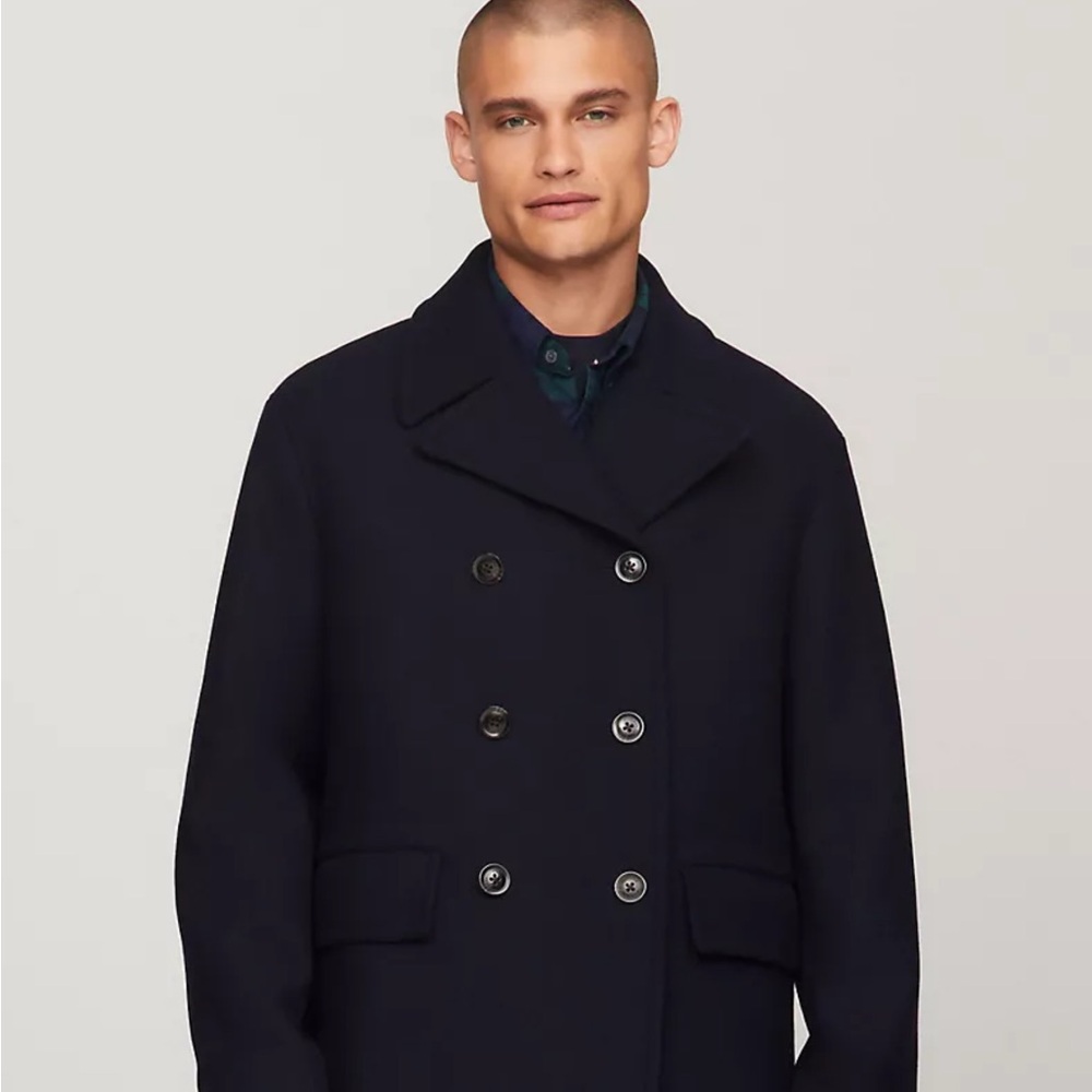 Tommy Hilfiger Wool Blend Double Breasted Black Pea Coat Size Large